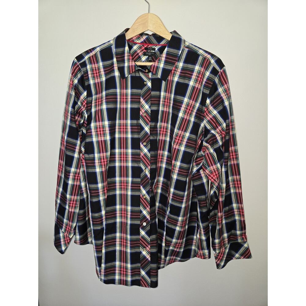 Talbots Women Size 20W Button Up Shirt Blouse Non Iron Black Red Plaid Plus